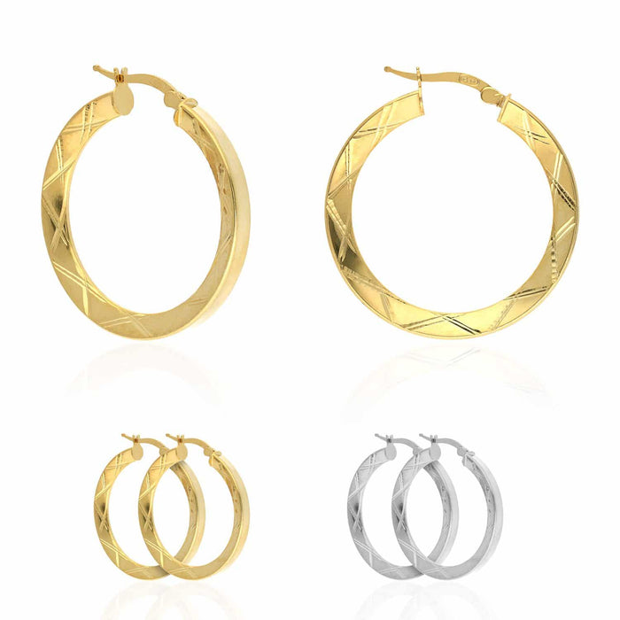 Yellow White Gold Over Sterling Silver Triangle Tube Diamond-Cut Hoop Earrings