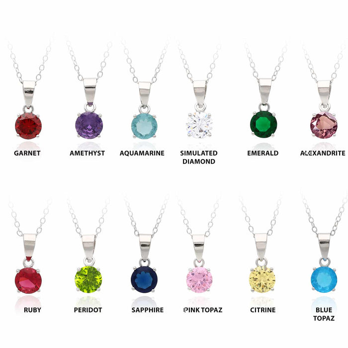 Sterling Silver Round - Cut Solitaire Birthstone Pendant Chain 16 - 18" Adj - WJD Exclusives