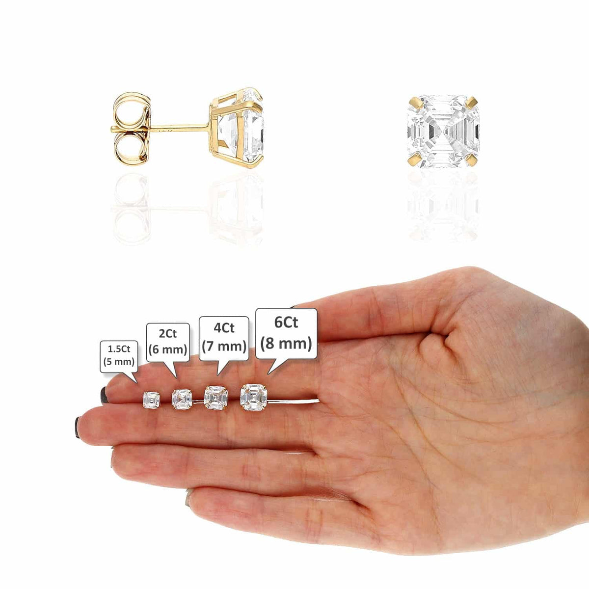 14K Yellow Gold Asscher-Cut CZ Push Back Stud Earrings 1.5Ct-6Ct