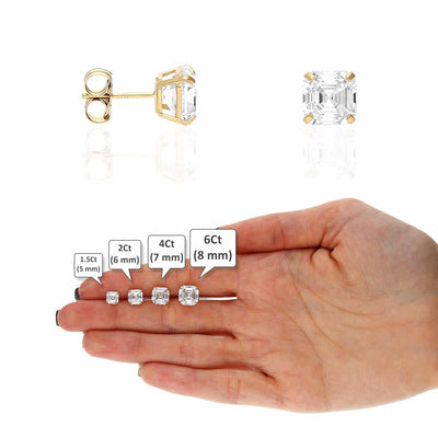 14K Yellow Gold Asscher-Cut CZ Push Back Stud Earrings 1.5Ct-6Ct