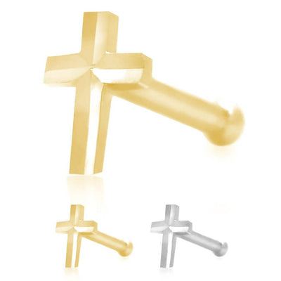 14K White Gold Diamond-Cut Cross Nose Bone Stud Ring 20G