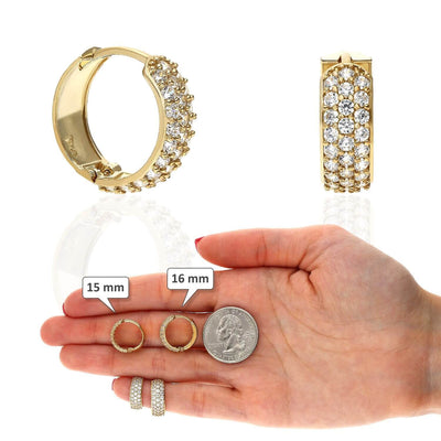 10K Yellow Gold 3-Row Prong Set CZ Huggie Hoop Earrings 15mm/16mm