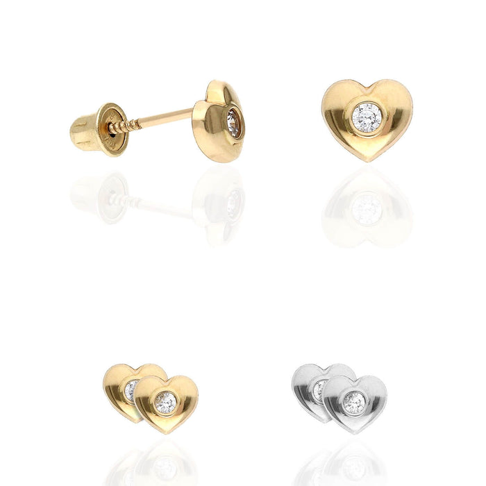 14K Gold Bezel Set White Zirconia Puffed Heart Stud Earrings