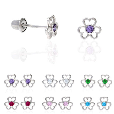 14K White Gold Open Flower Bezel Set Gemstone Kids Screw Back Stud Earrings