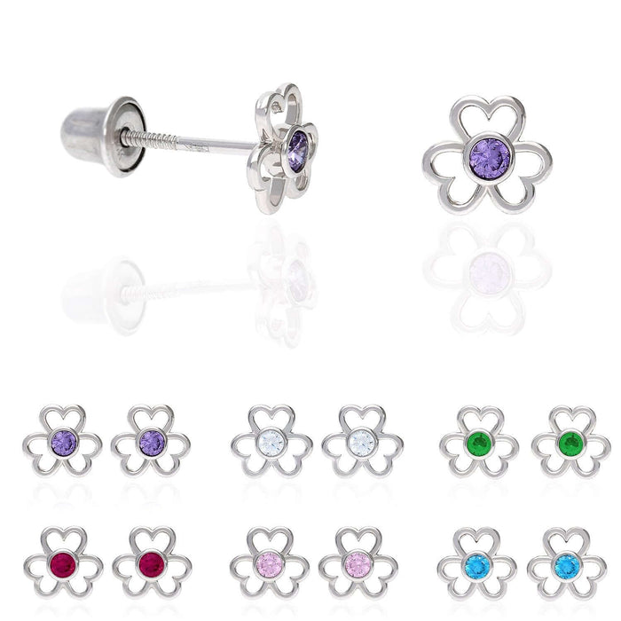 14K White Gold Open Flower Bezel Set Gemstone Kids Screw Back Stud Earrings