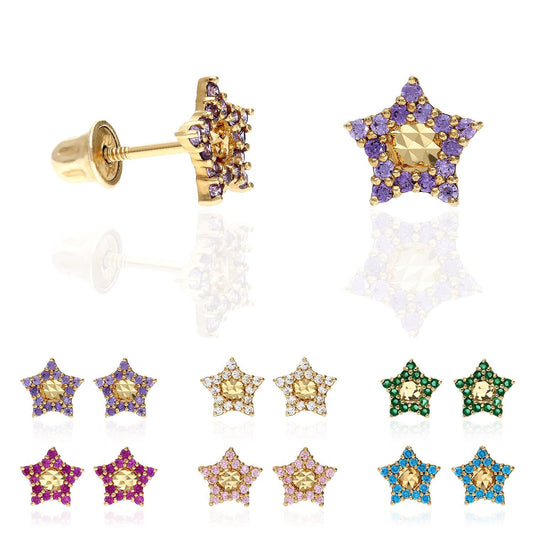 14k Solid Yellow Gold Diamond Cut Color Gemstone Little Star Stud Earrings