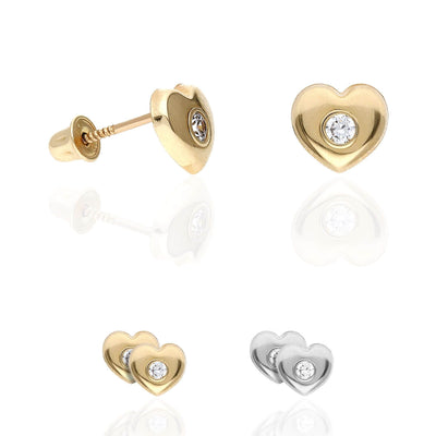 14K Yellow White Gold CZ Puffed Heart Stud Earrings 7mm