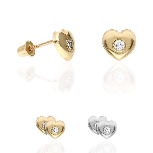 14K Yellow White Gold Cubic Zirconia Puffed Heart Stud Earrings 7mm