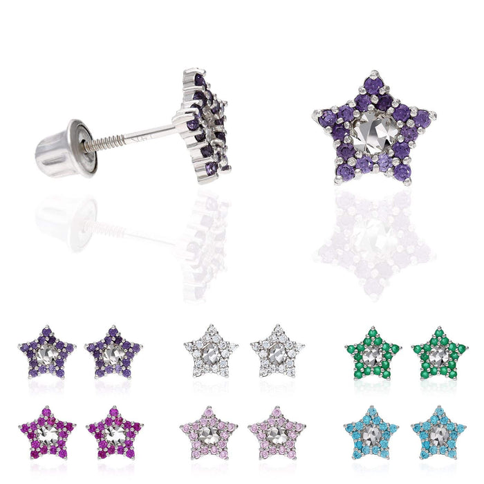 14K White Gold Diamond-Cut Color Gemstone Little Star Screw Back Stud Earrings