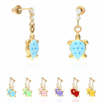 Kids 14K Gold CZ Enamel Turtle Screw Back Stud Earrings