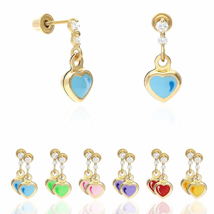 Kids 14K Yellow Gold CZ Enamel Heart Stud Earrings