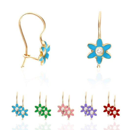 Kid's 14K Yellow Gold CZ Enamel Flower Kidney Wire Earrings