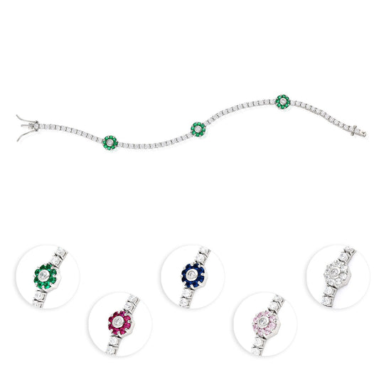 925 Silver Emerald Ruby Sapphire Tourmaline Zircon Flower Tennis Bracelet 7"