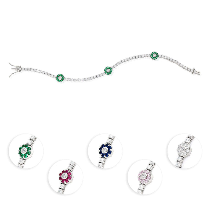 Sterling Silver Emerald Ruby Sapphire Tourmaline Zircon Flower Tennis Bracelet 7"