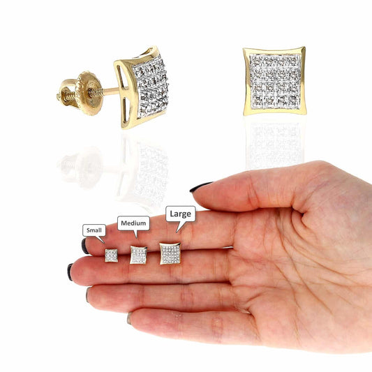 10K Yellow Gold Micro Pave Real Diamond Square Stud Earrings 0.07Ct -0.30Ct