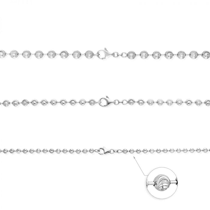 Sterling Silver 4mm 5mm 6mm White Half Moon-Cut Beaded Chain (Solid Links) 18"-30"
