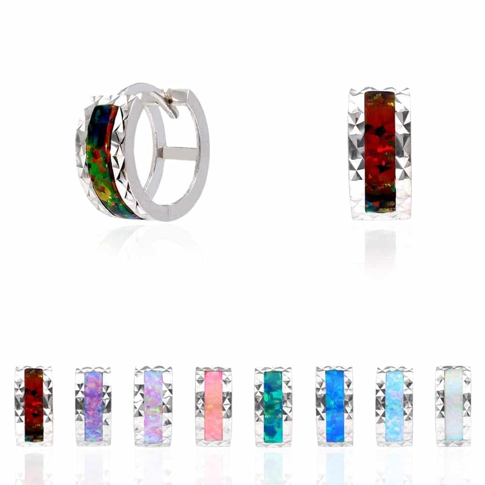 14k White Gold Diamond Cut Fire Opal Huggie Hoop Earrings 0.5"