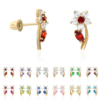 14K Yellow Gold Birthstone Flower Plant Screw Back Stud Earrings