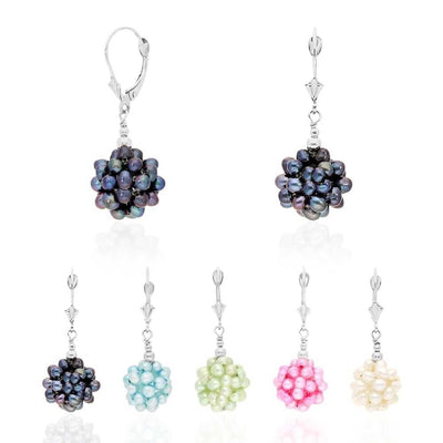 925 Sterling Silver Freshwater Pearl Cluster Leverback Earrings 1.4"