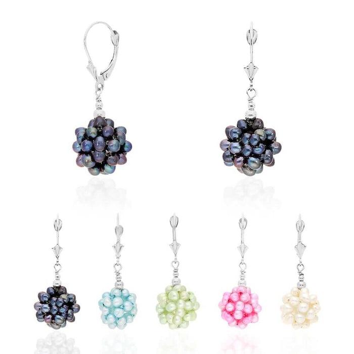 925 Sterling Silver Freshwater Pearl Cluster Leverback Earrings 1.4"