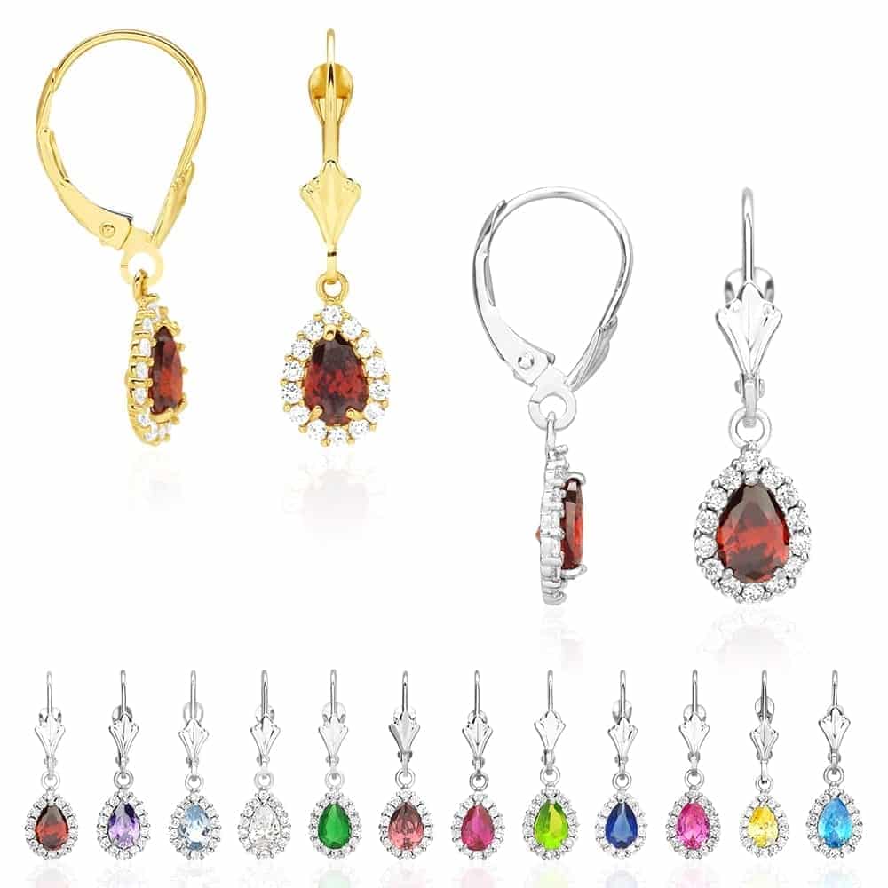 14K Gold Simulated Birthstone Halo Teardrop  Leverback Earrings