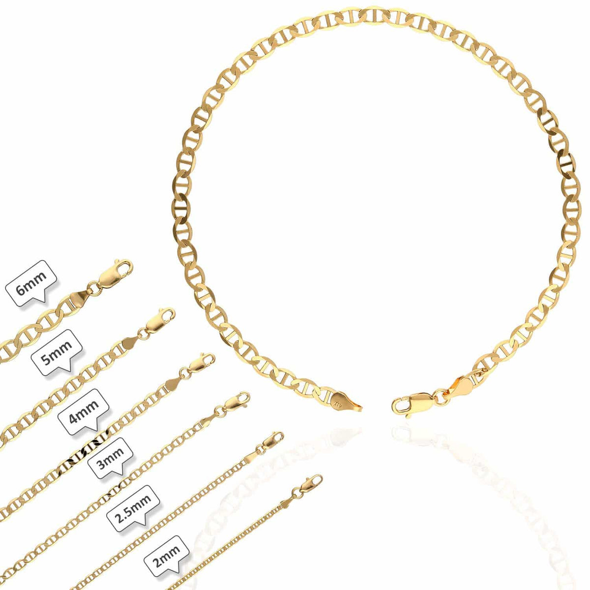 10K Yellow Gold 2mm-6mm Anchor Mariner Anklet (Solid Links) 10"