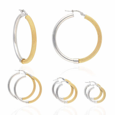 Yellow White Gold Over Silver 3mm Half Mesh Half Shiny Hoop Earrings