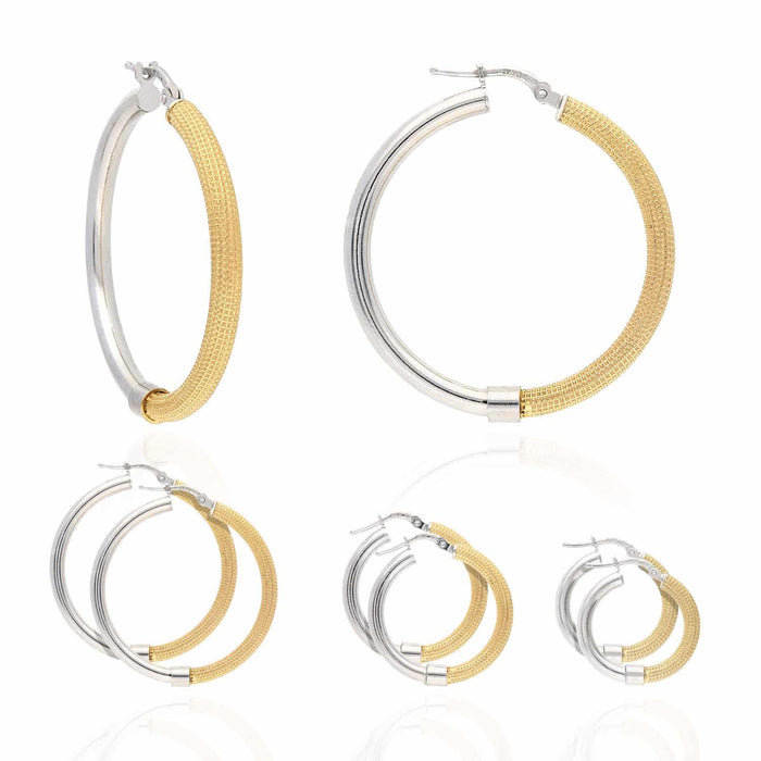 Yellow White Gold Over Silver 3mm Half Mesh Half Shiny Hoop Earrings