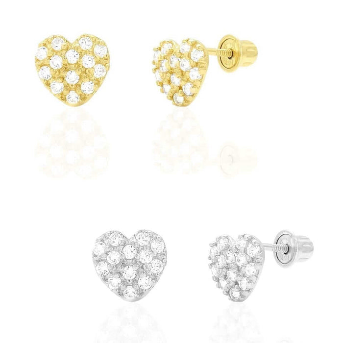 14k Yellow Gold White Gold CZ Heart Screw Back Stud Earrings
