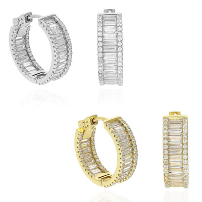 Yellow White Gold Over Silver Inside Out Baguette Round CZ Huggie Hoop Earrings
