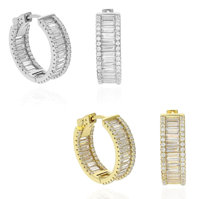 Yellow White Gold Over Silver Inside Out Baguette Round CZ Huggie Hoop Earrings