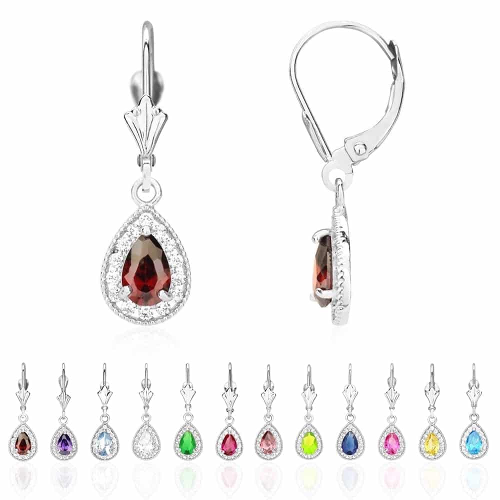 14K White Gold SimulatedBirthstone Halo Teardrop  Leverback Earrings