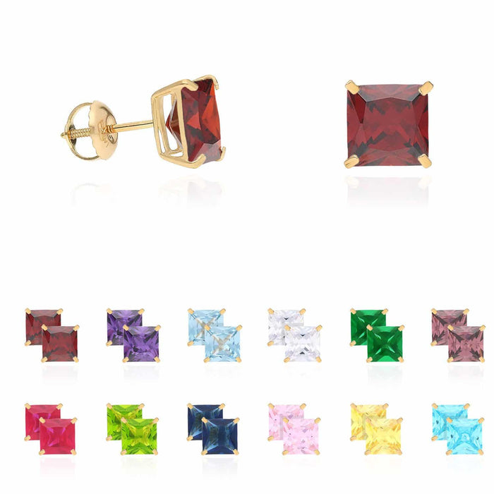 4Ct. T.W Princess-Cut Birthstone 14K Yellow Gold Screw Back Stud Earrings