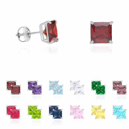 4Ct. T.W Princess Cut Birthstone 14K White Gold Screw Back Stud Earrings