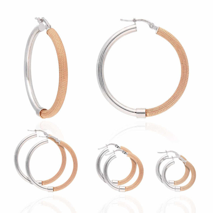 Rose White Gold Over 925 Sterling Silver 3mm Half Mesh Half Shiny Hoop Earrings