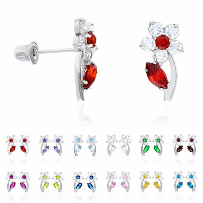 14K White Gold Color Birthstone Flower Plant Screw Back Kids Stud Earrings