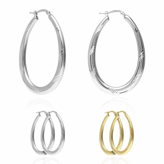 925 Sterling Silver Yellow White Gold Tone Diamond Cut 51mm Oval Hoop Earrings