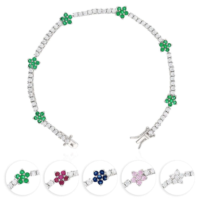 Sterling Silver Emerald Ruby Sapphire Tourmaline Zircon Flower Tennis Bracelet 7"