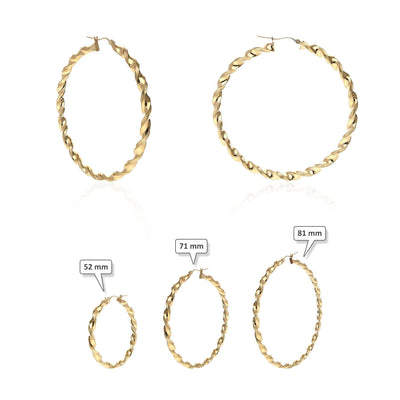 10K Yellow Gold Twisted Tube 4.5mm Diamond-Cut Textured Hoop Earrings 52mm-81mm