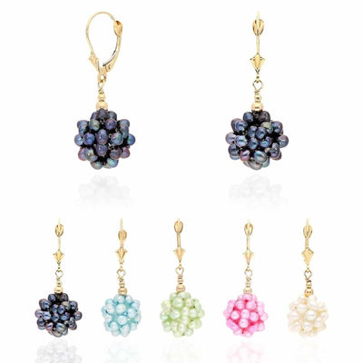 14k Yellow Gold Freshwater Pearl Cluster Leverback Earrings 1.4"