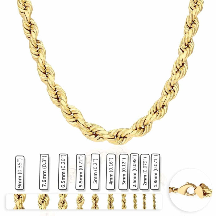 Real 10K Gold 1.8mm-9mm Rope Chain (Hollow) 16"-30"