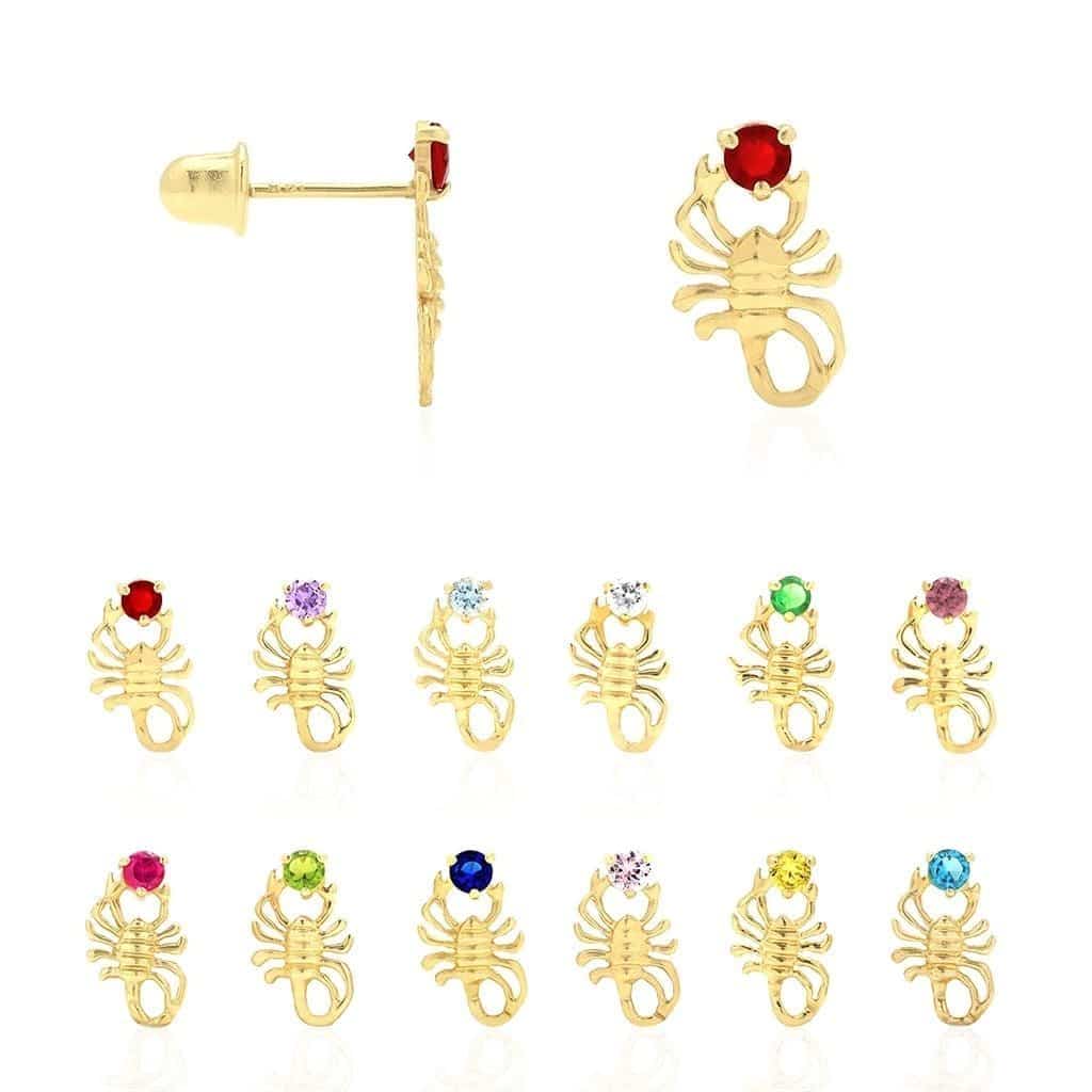 14K Yellow Gold Round Simulated Birthstone Scorpion Screw Back Stud Earrings