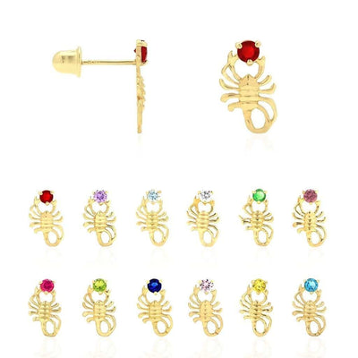 14K Yellow Gold Round Birthstone Scorpion Screw Back Stud Earrings