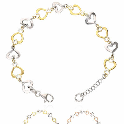 Yellow Rose Gold Over Sterling Silver Open Heart Bracelet (Solid Links) 7"-8" Adjustable