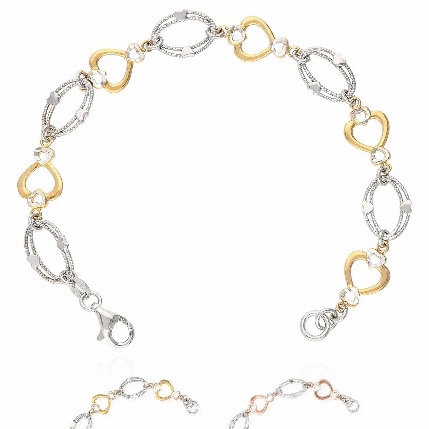 Yellow Rose Gold Two-Tone Over 925 Silver Heart And Oval  Bracelet 7.25"
