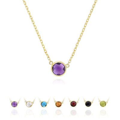 14K Yellow Gold 1CT Bezel-Set Colored Gem Birthstone Necklace (Solid Links) 15"-17" Adjustable