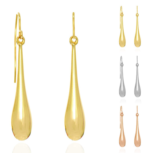 14K Yellow White Rose Gold Shiny Long Puffed Teardrop  Earrings 1.5"