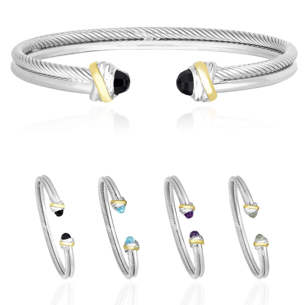 18K Yellow Gold Over Sterling Silver Double-Strand Twisted Cable Gemstone Italian Bangle (Hollow)