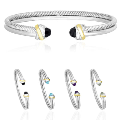 18K Yellow Gold Over Sterling Silver Double-Strand Twisted Cable Gemstone Italian Bangle (Hollow)