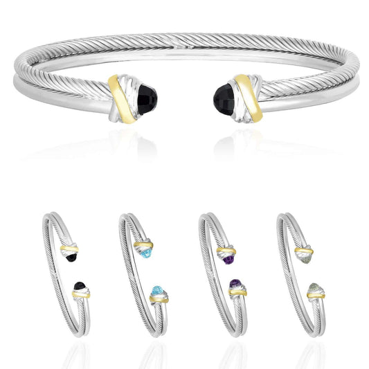 18K Yellow Gold 925 Silver Double Strand Twisted Cable Gem Stone Italian Bangle